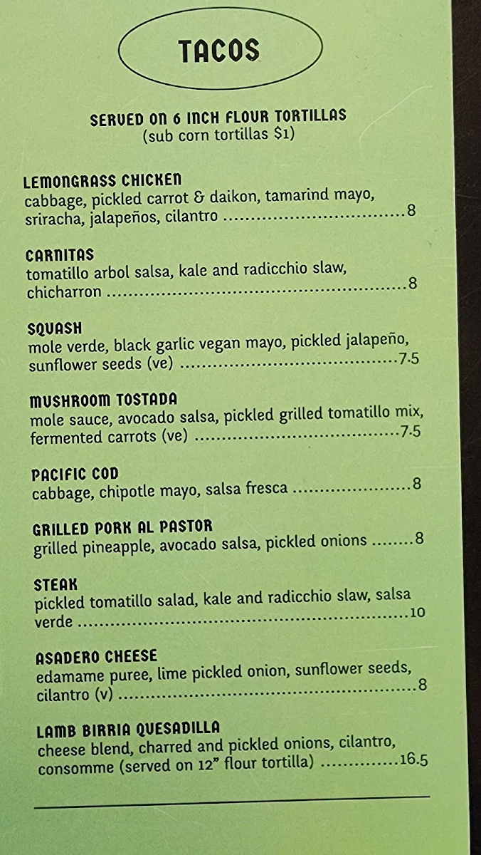 Menu, Tacofino Ocho (Mount Pleasant)