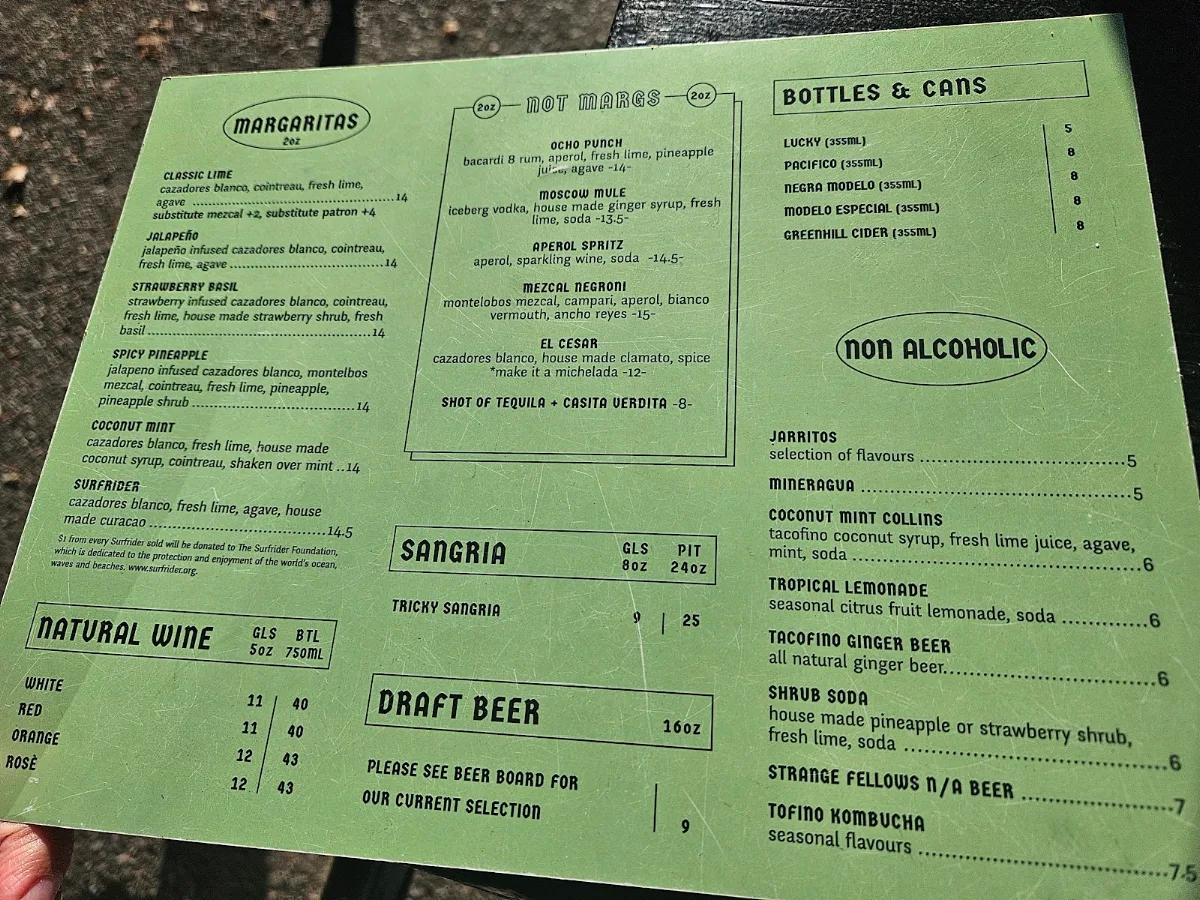Menu, Tacofino Ocho (Mount Pleasant)