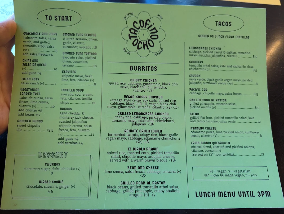 Menu, Tacofino Ocho (Mount Pleasant)