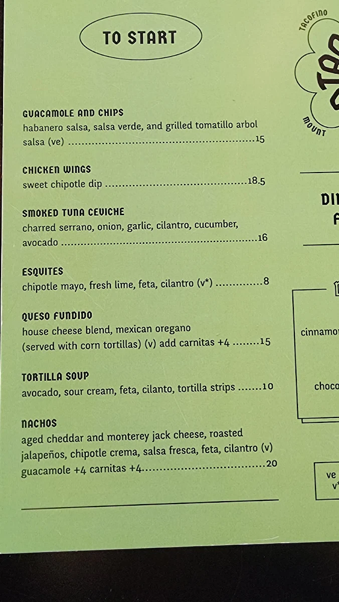 Menu, Tacofino Ocho (Mount Pleasant)