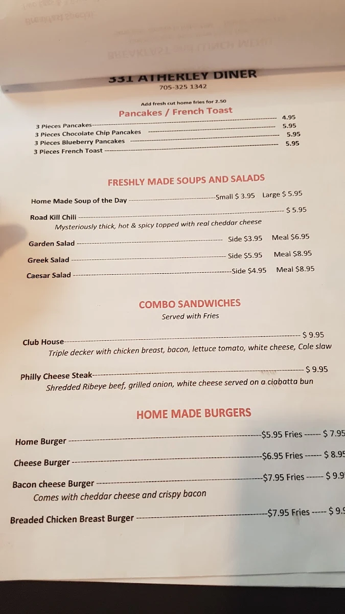 Menu, 331 Atherley Diner