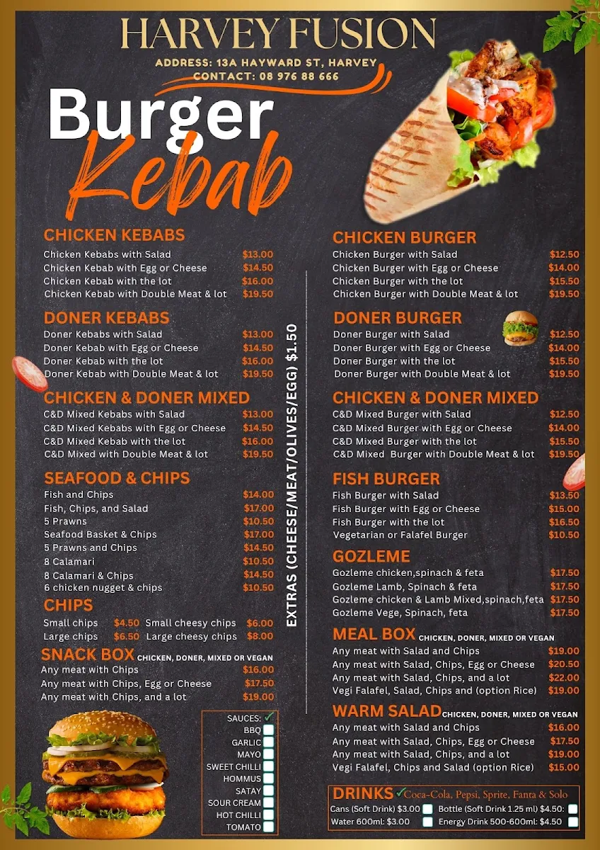 Menu, Harvey Fusion Cafe Kebab & Restaurant