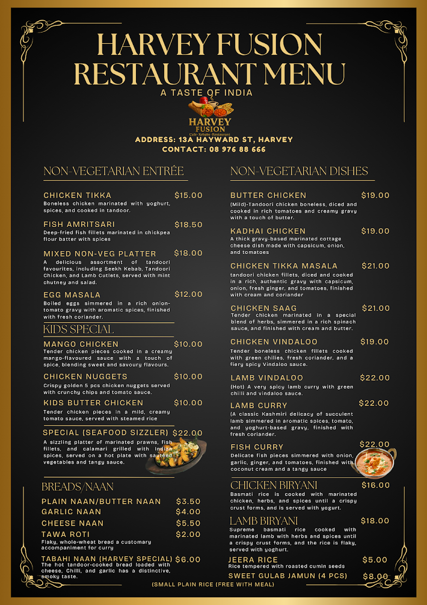 Menu, Harvey Fusion Cafe Kebab & Restaurant