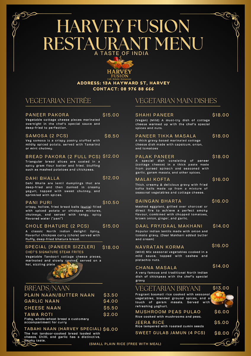 Menu, Harvey Fusion Cafe Kebab & Restaurant