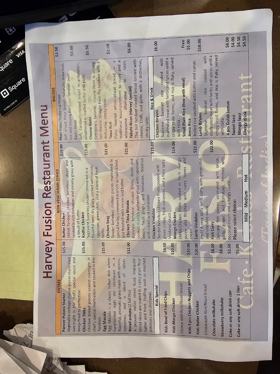 Menu, Harvey Fusion Cafe Kebab & Restaurant
