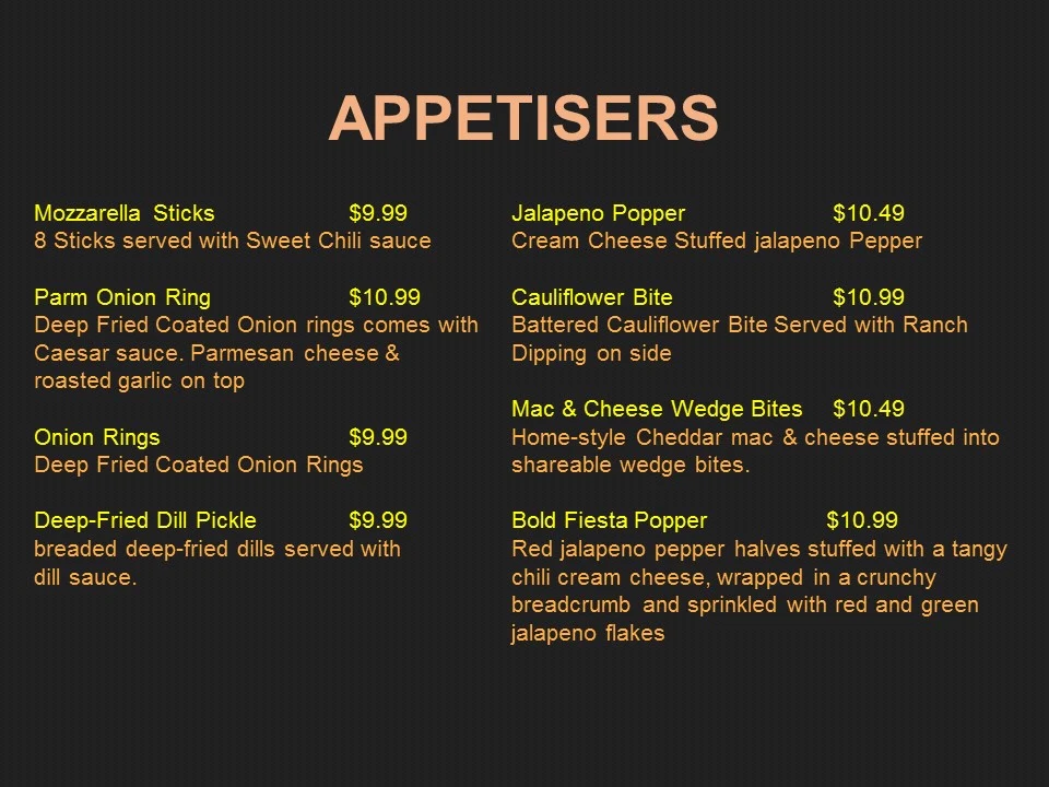 Menu, M N' A Wings Corner N' Pizza