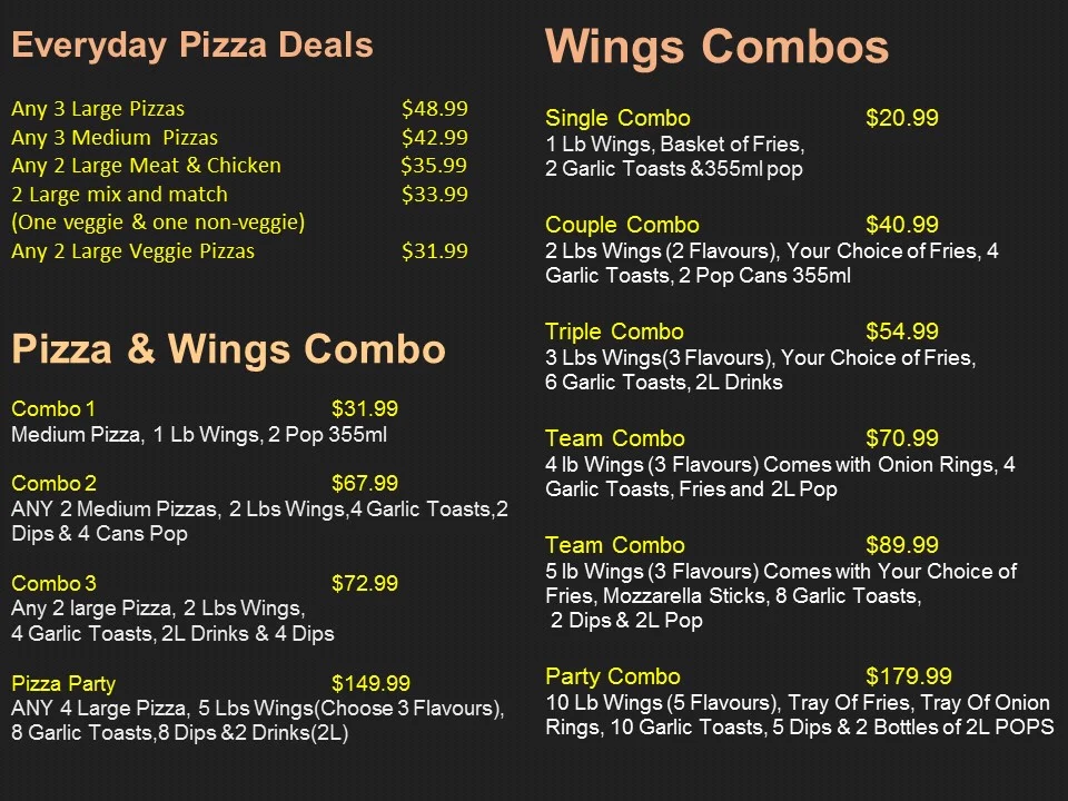 Menu, M N' A Wings Corner N' Pizza