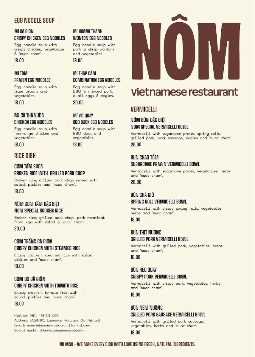 Menu, NOM Vietnamese Restaurant