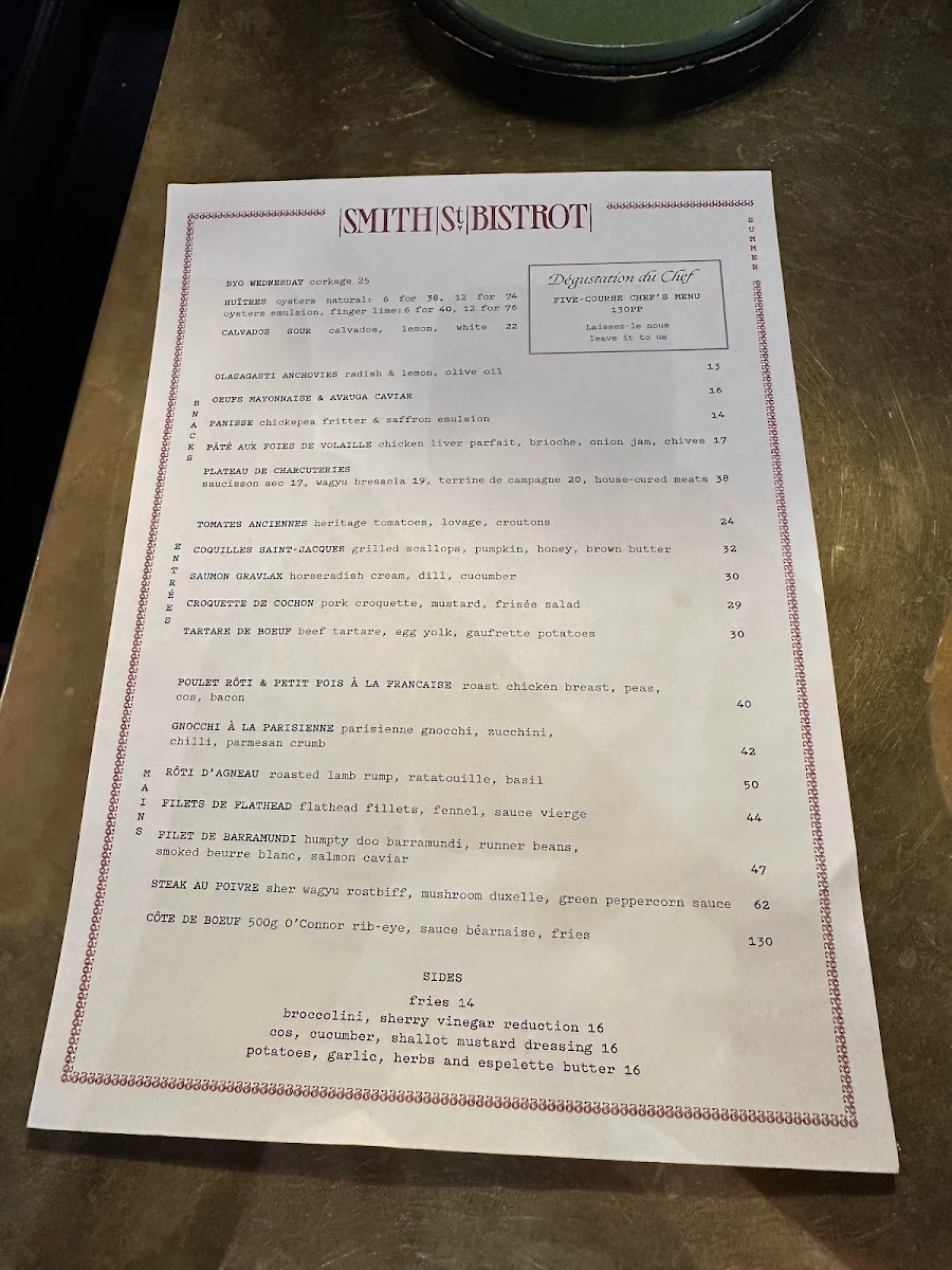 Menu, Smith St Bistrot