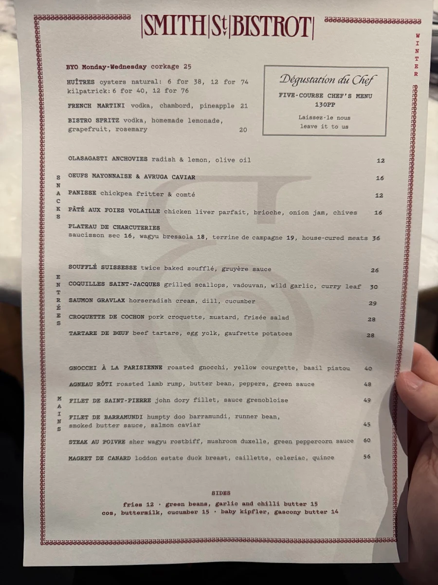 Menu, Smith St Bistrot
