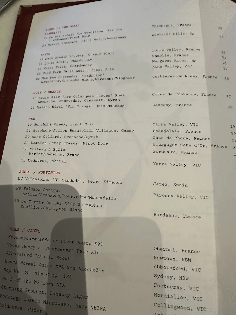 Menu, Smith St Bistrot