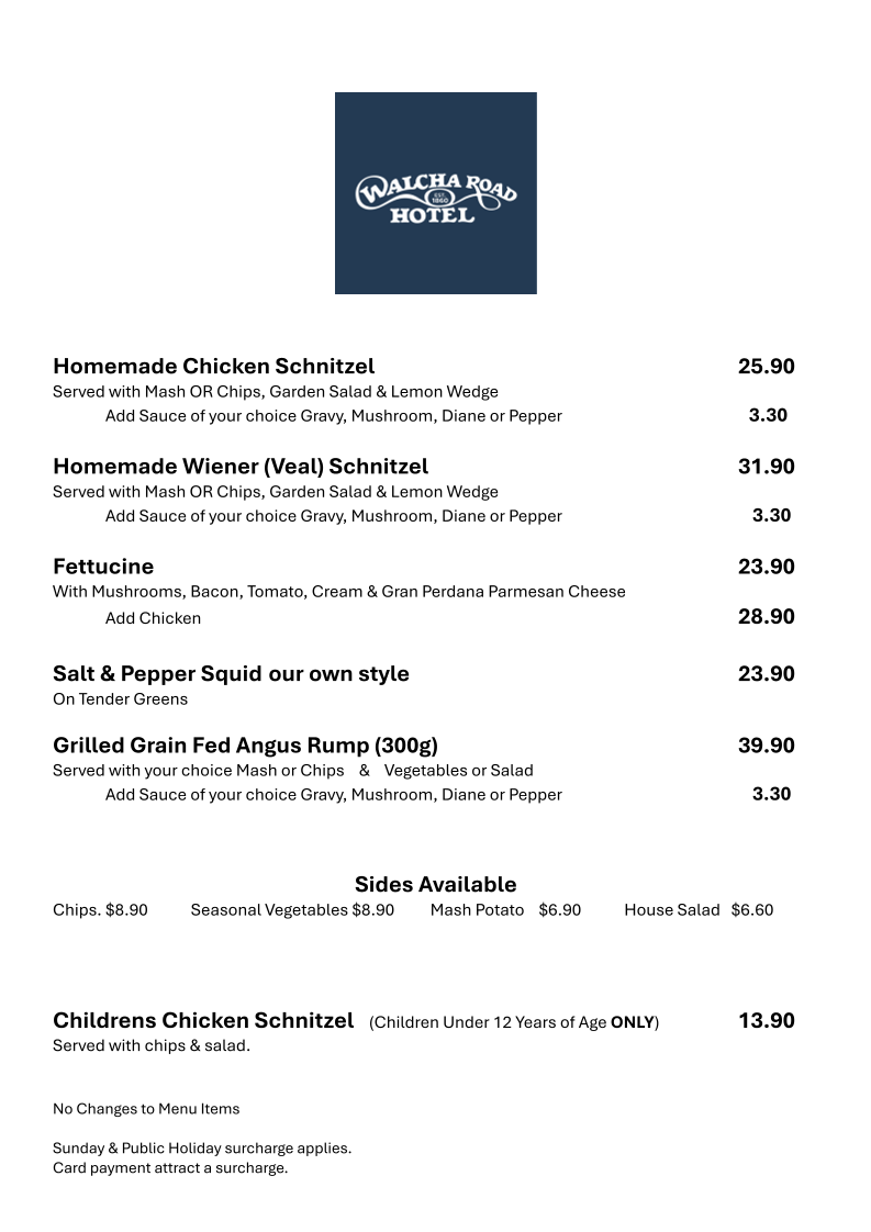 Menu, Walcha Road Hotel