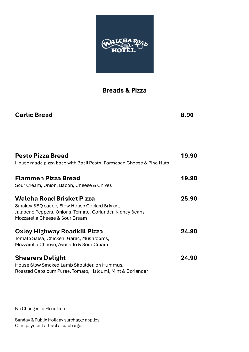 Menu, Walcha Road Hotel