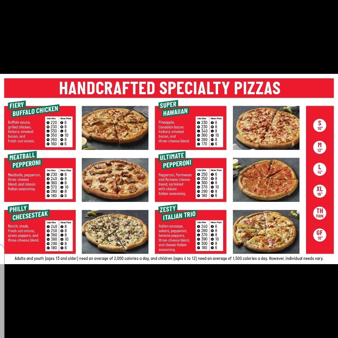 Menu, Papa Johns Pizza