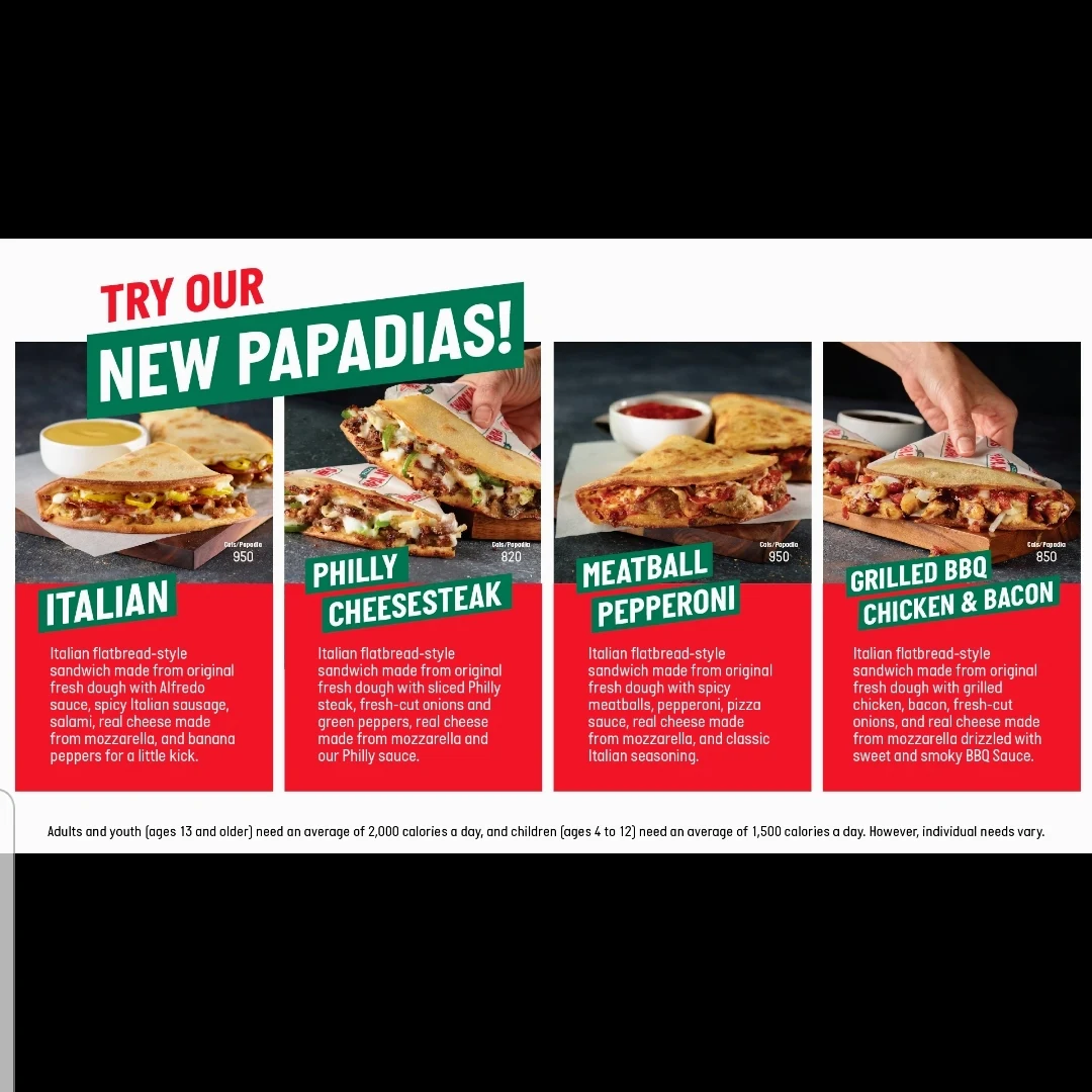 Menu, Papa Johns Pizza