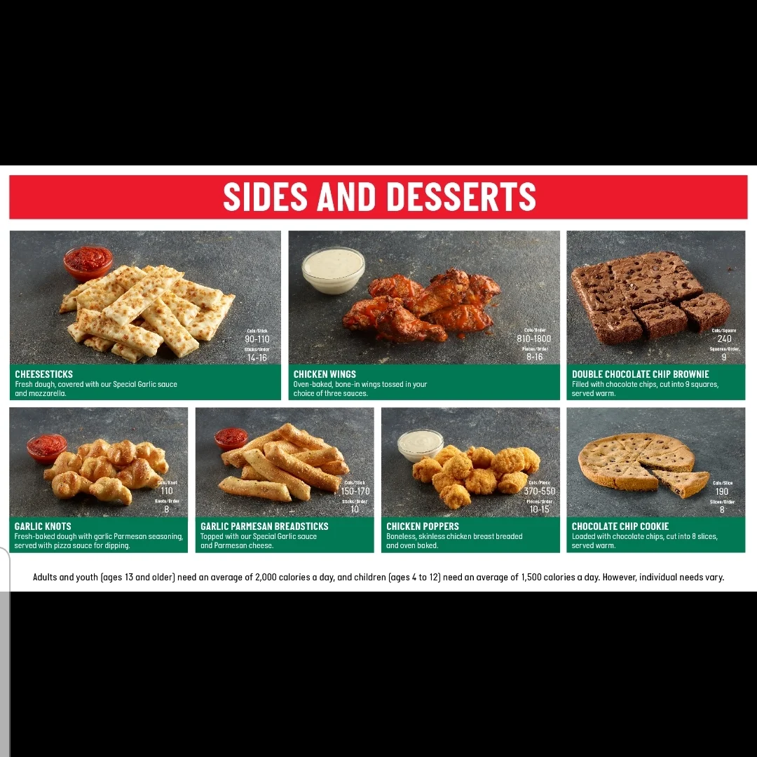 Menu, Papa Johns Pizza