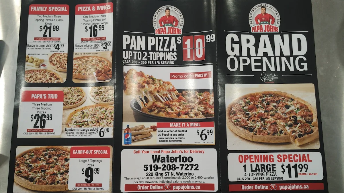 Menu, Papa Johns Pizza