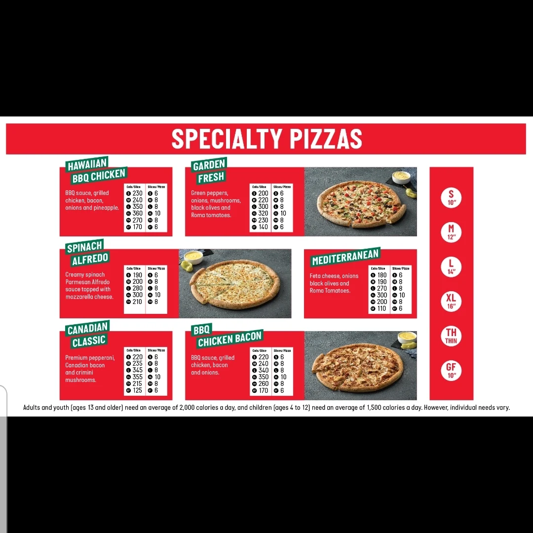 Menu, Papa Johns Pizza