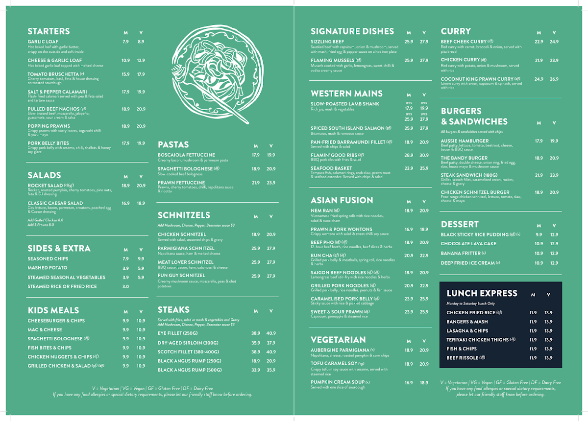 Menu, Family Table at St Marys Band Club