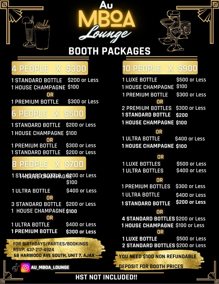 Menu, Au Mboa Lounge