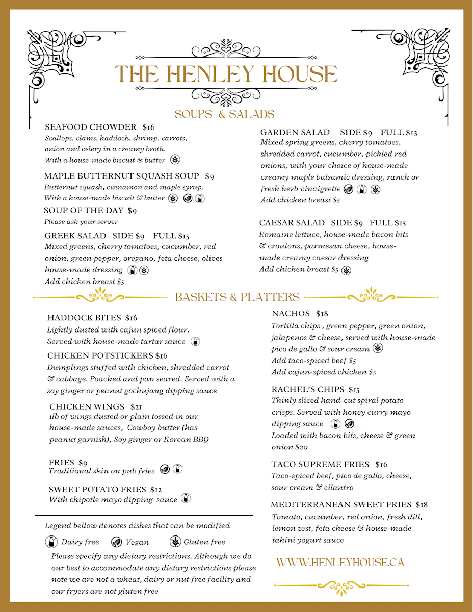 Menu, Henley House Pub And Restaurant