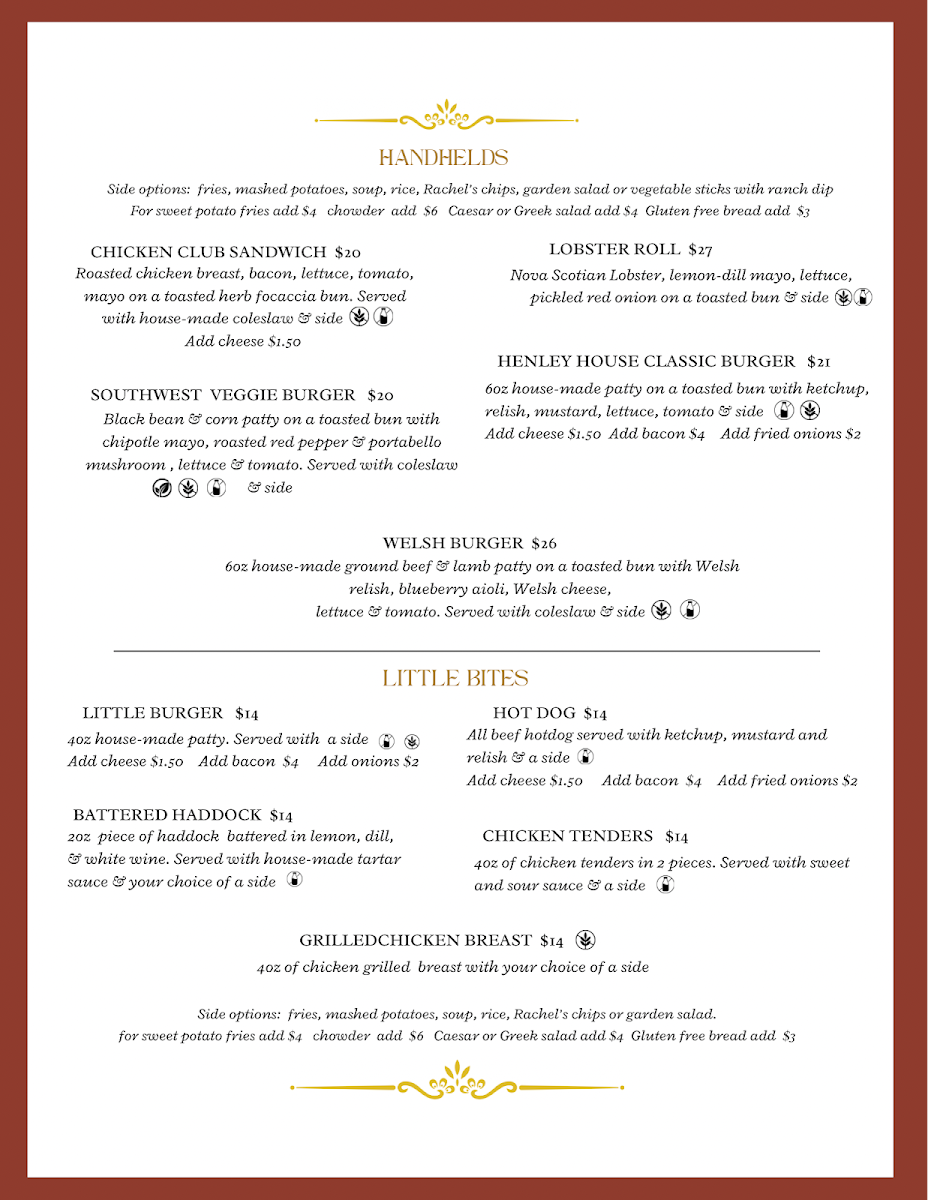 Menu, Henley House Pub And Restaurant