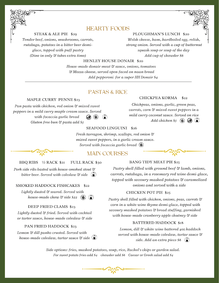 Menu, Henley House Pub And Restaurant