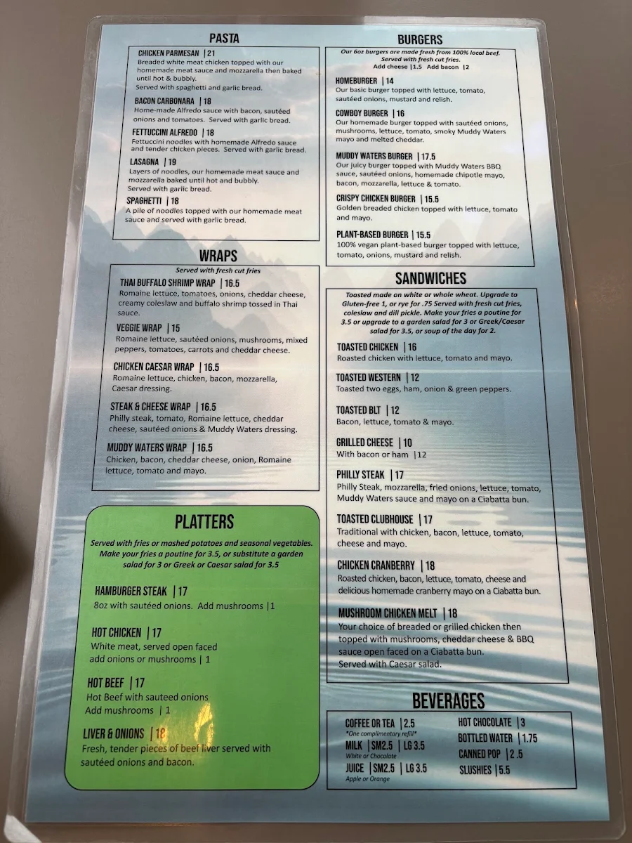 Menu, Muddy Waters Restaurant