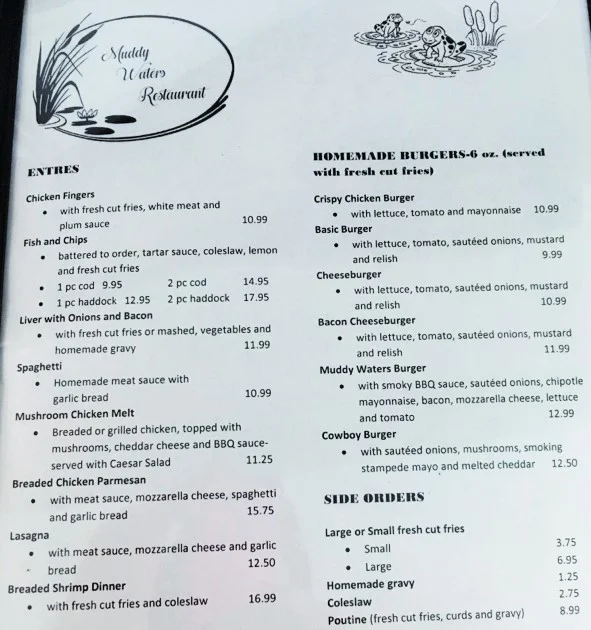 Menu, Muddy Waters Restaurant