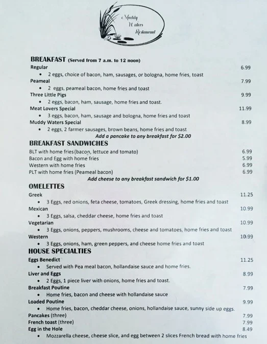 Menu, Muddy Waters Restaurant