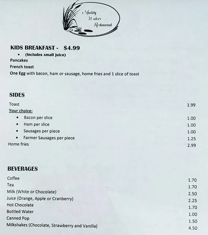Menu, Muddy Waters Restaurant
