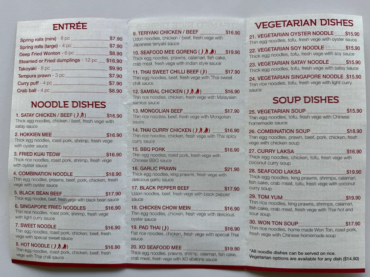 Menu, Noodle shop