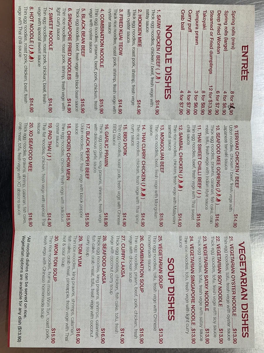 Menu, Noodle shop