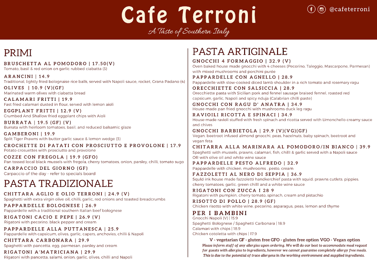 Menu, Cafe Terroni