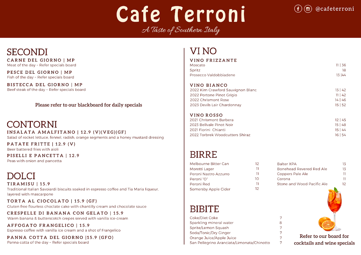 Menu, Cafe Terroni