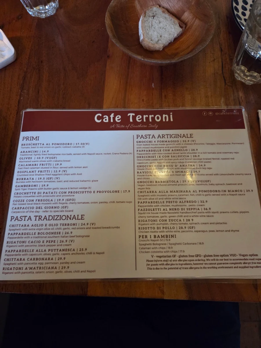 Menu, Cafe Terroni