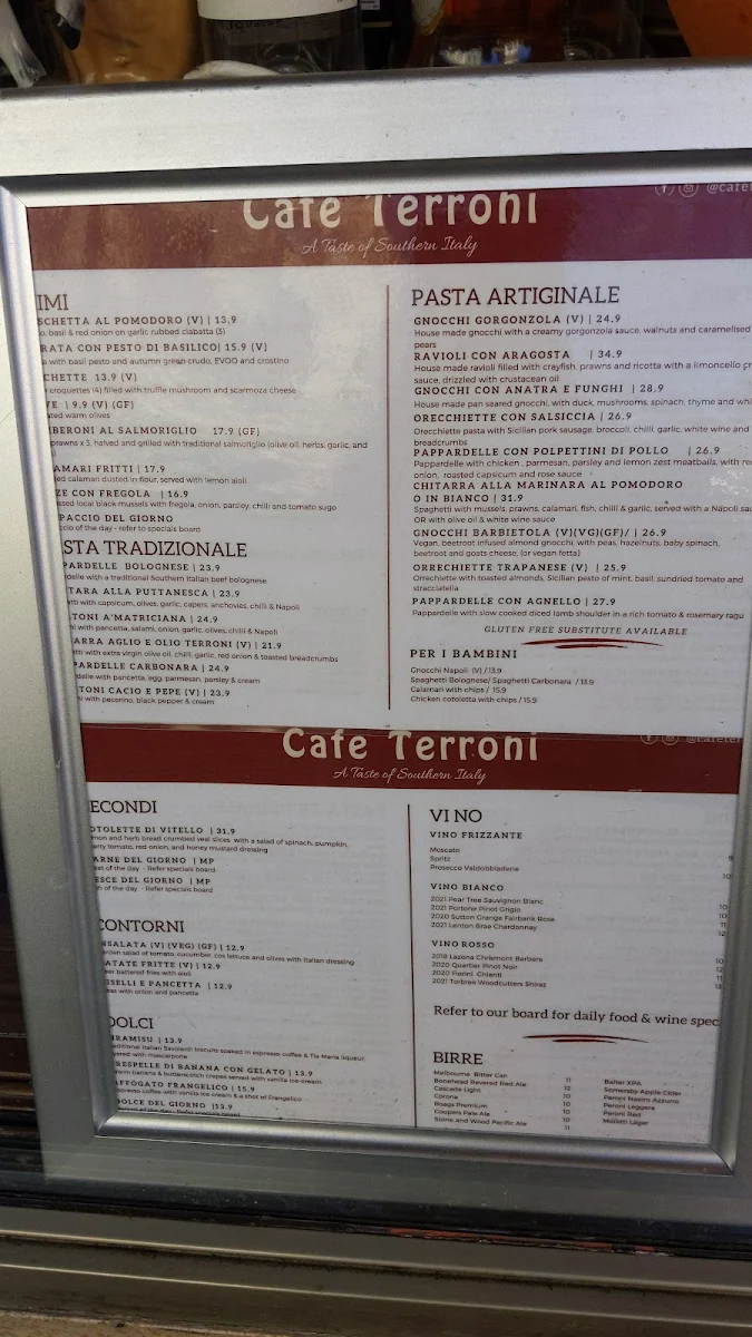 Menu, Cafe Terroni