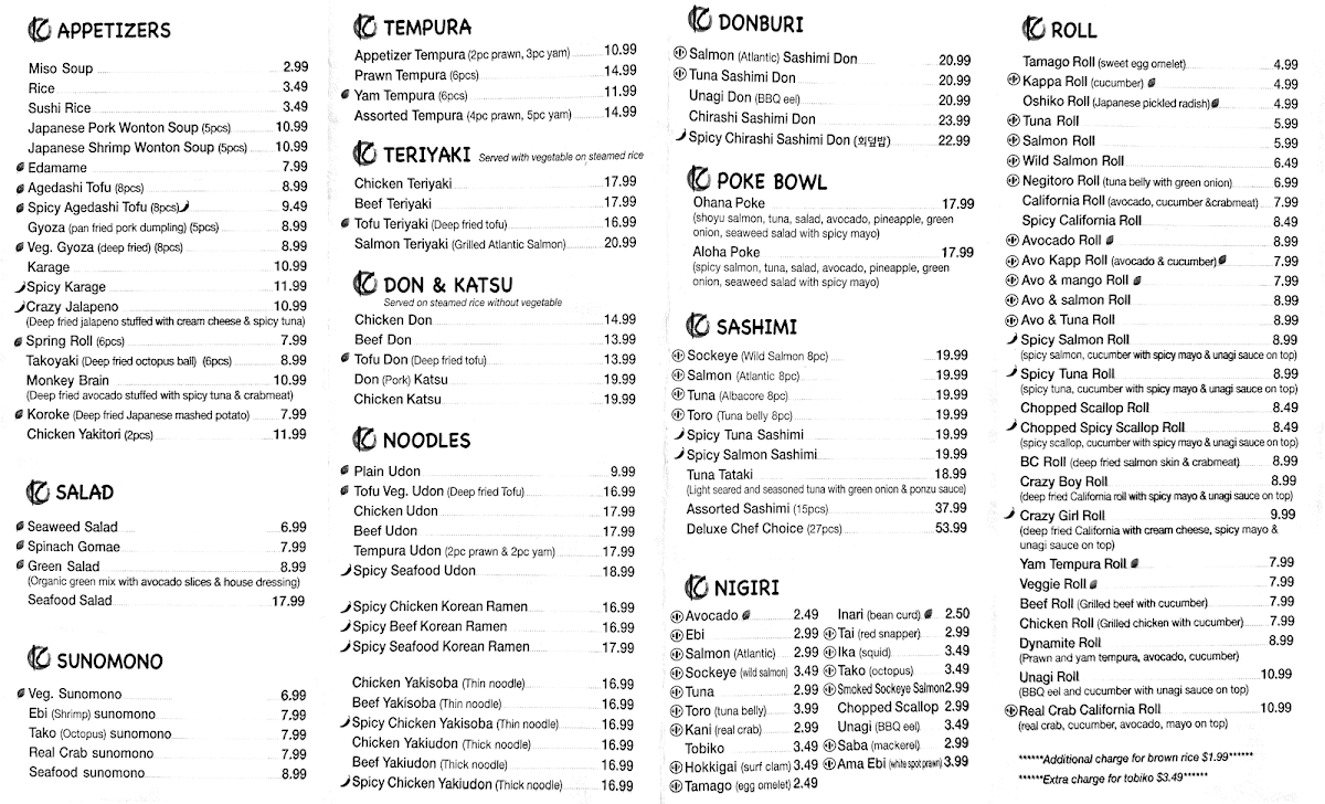 Menu, Sushi-K