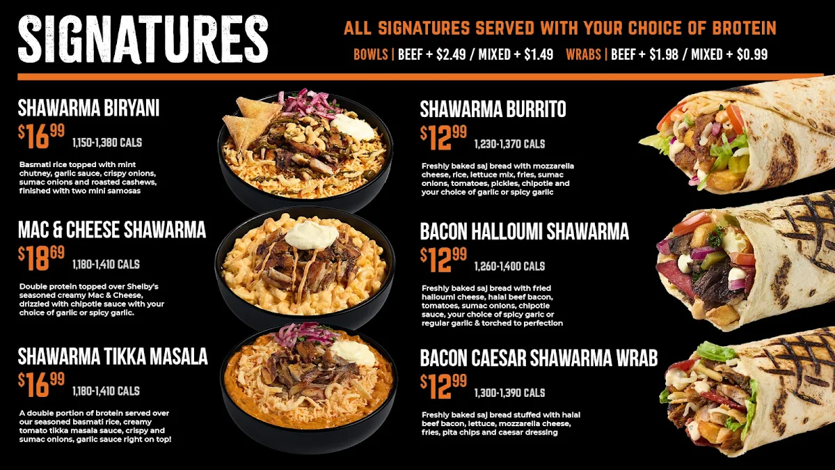 Menu, Shelby's Legendary Shawarma