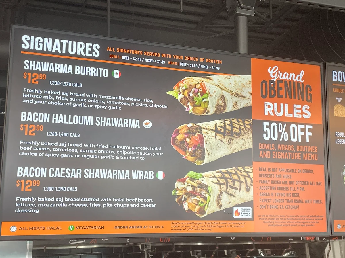 Menu, Shelby's Legendary Shawarma