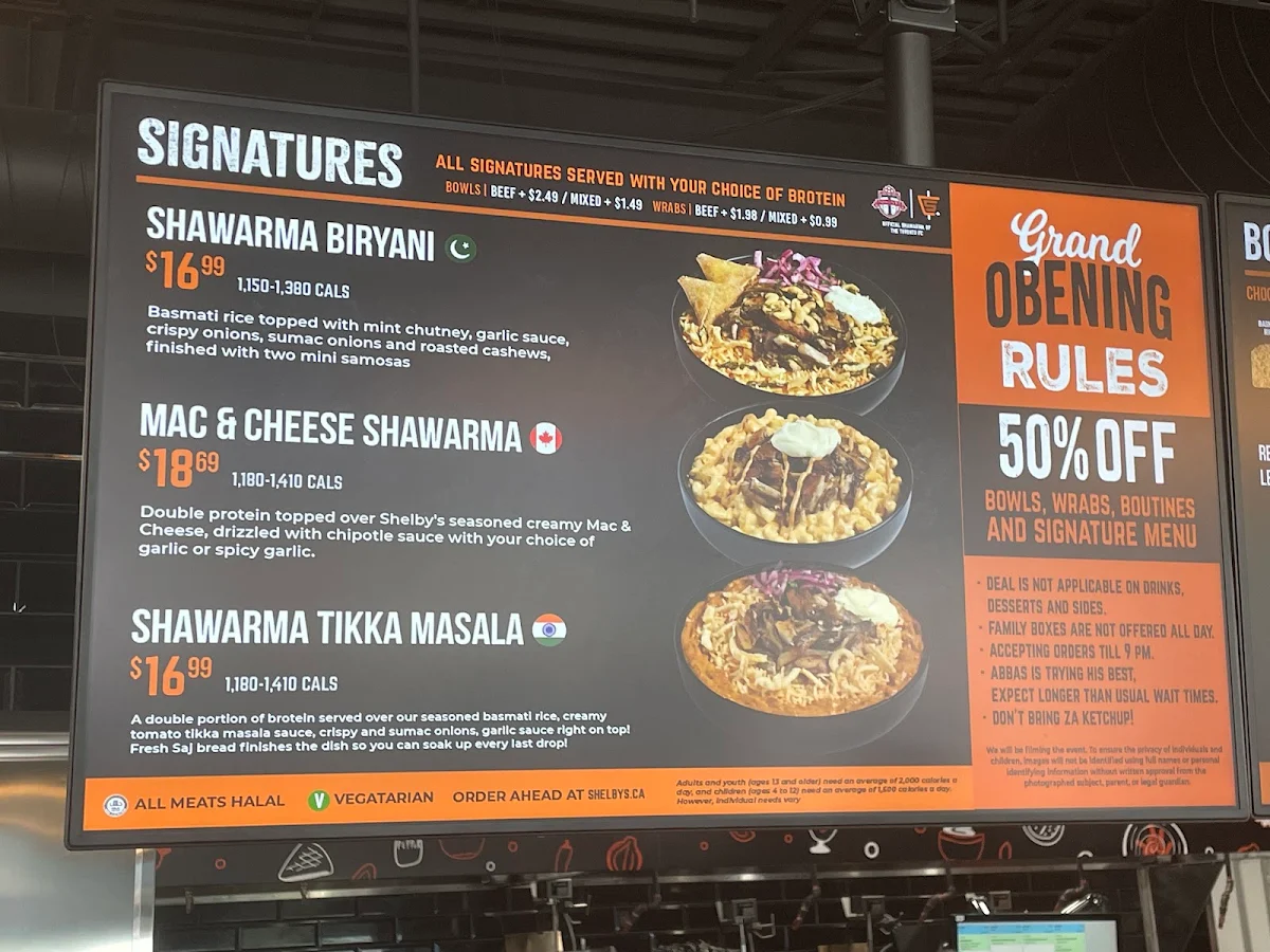Menu, Shelby's Legendary Shawarma