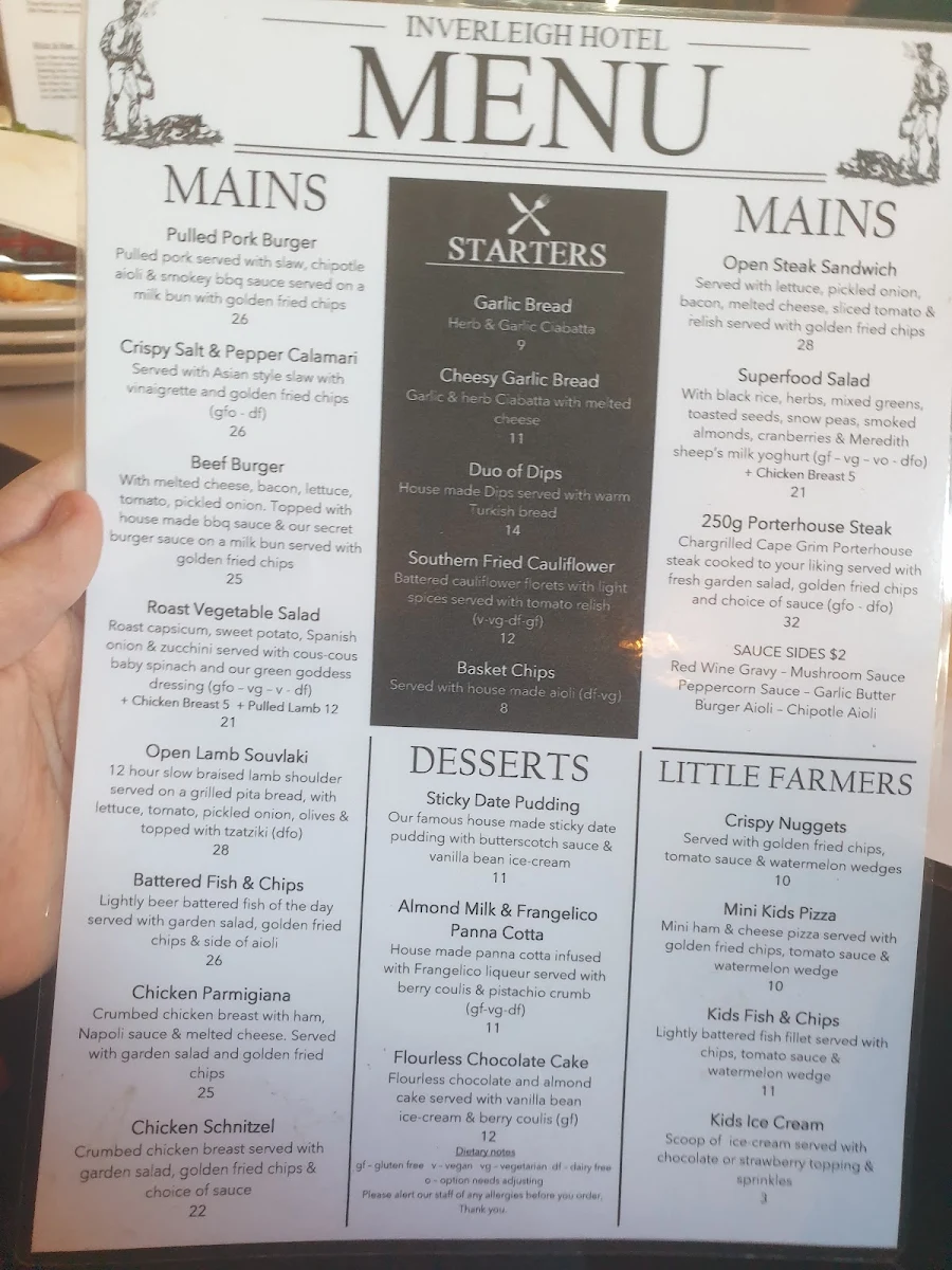 Menu, Inverleigh Hotel