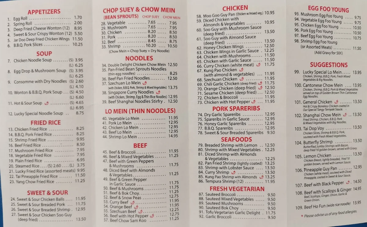 Menu, Lucky Chinese Food Takeout