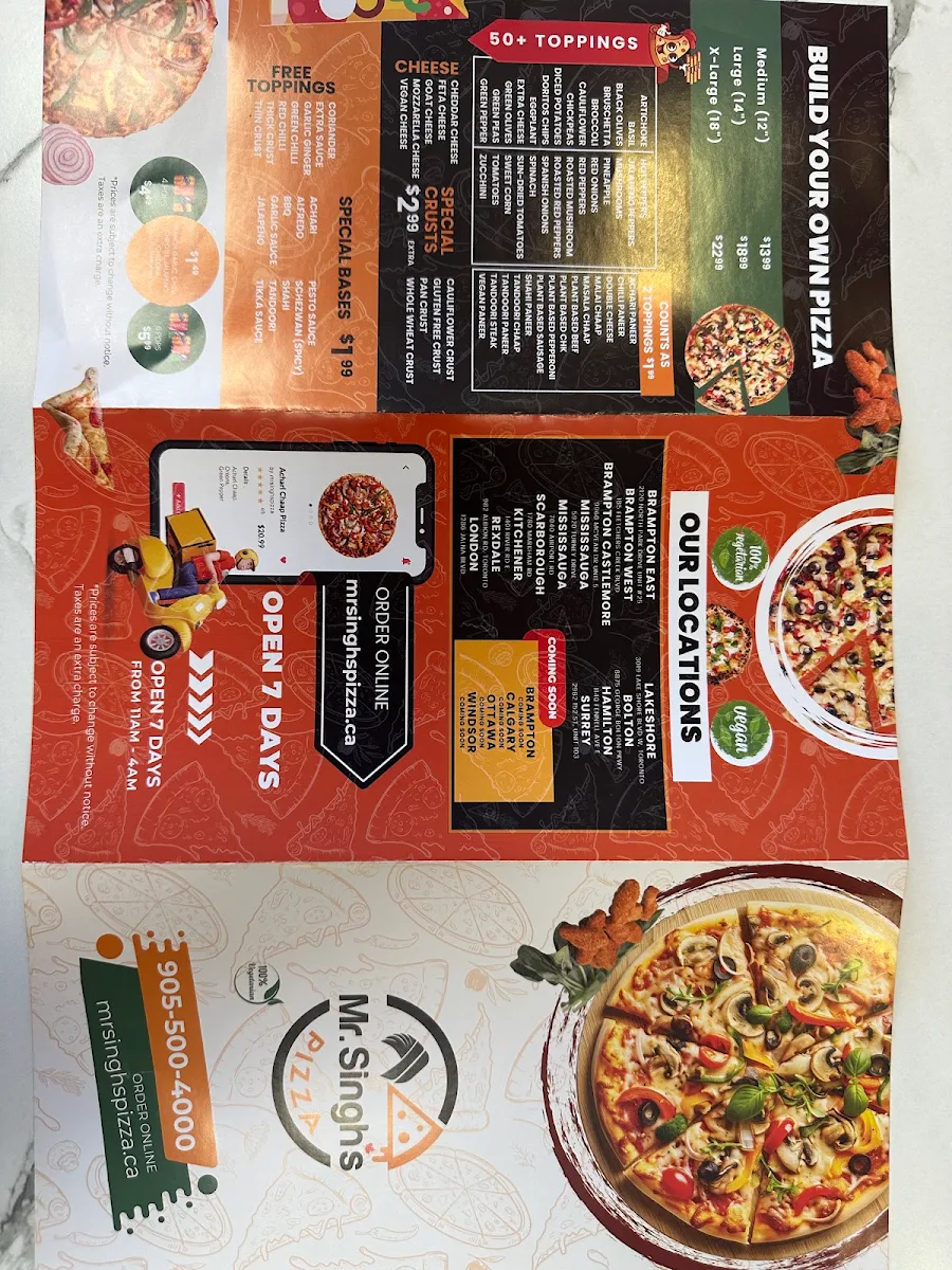 Menu, Mr. Singh's Pizza Woodstock