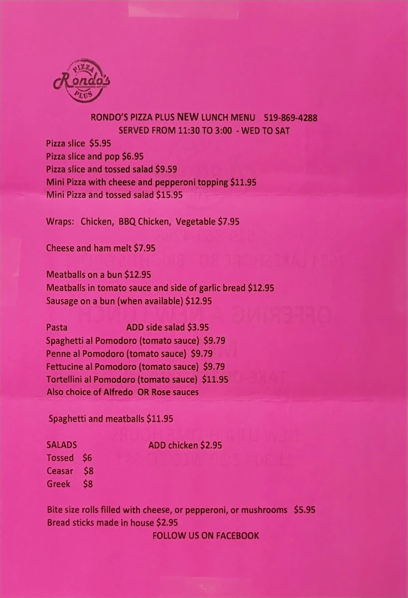 Menu, Rondo's Pizza Plus Bright's Grove