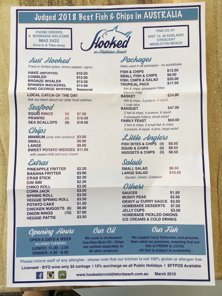 Menu, Hooked On Middleton Beach Fish & Chips