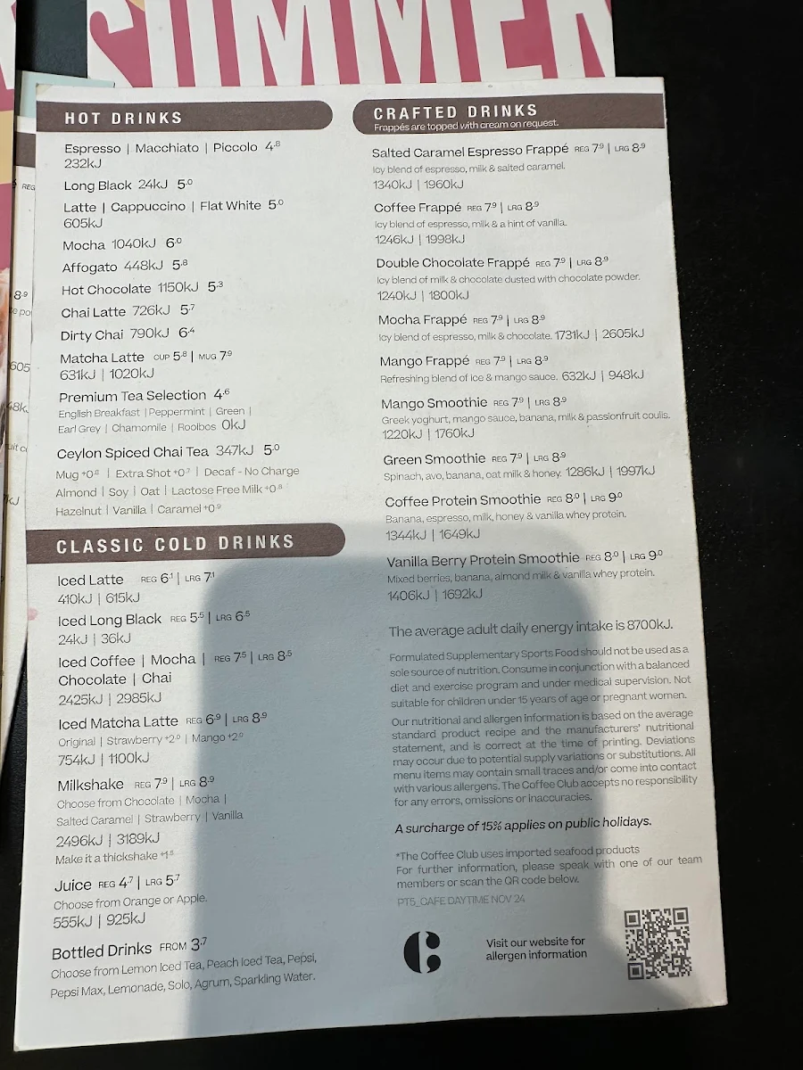 Menu, The Coffee Club