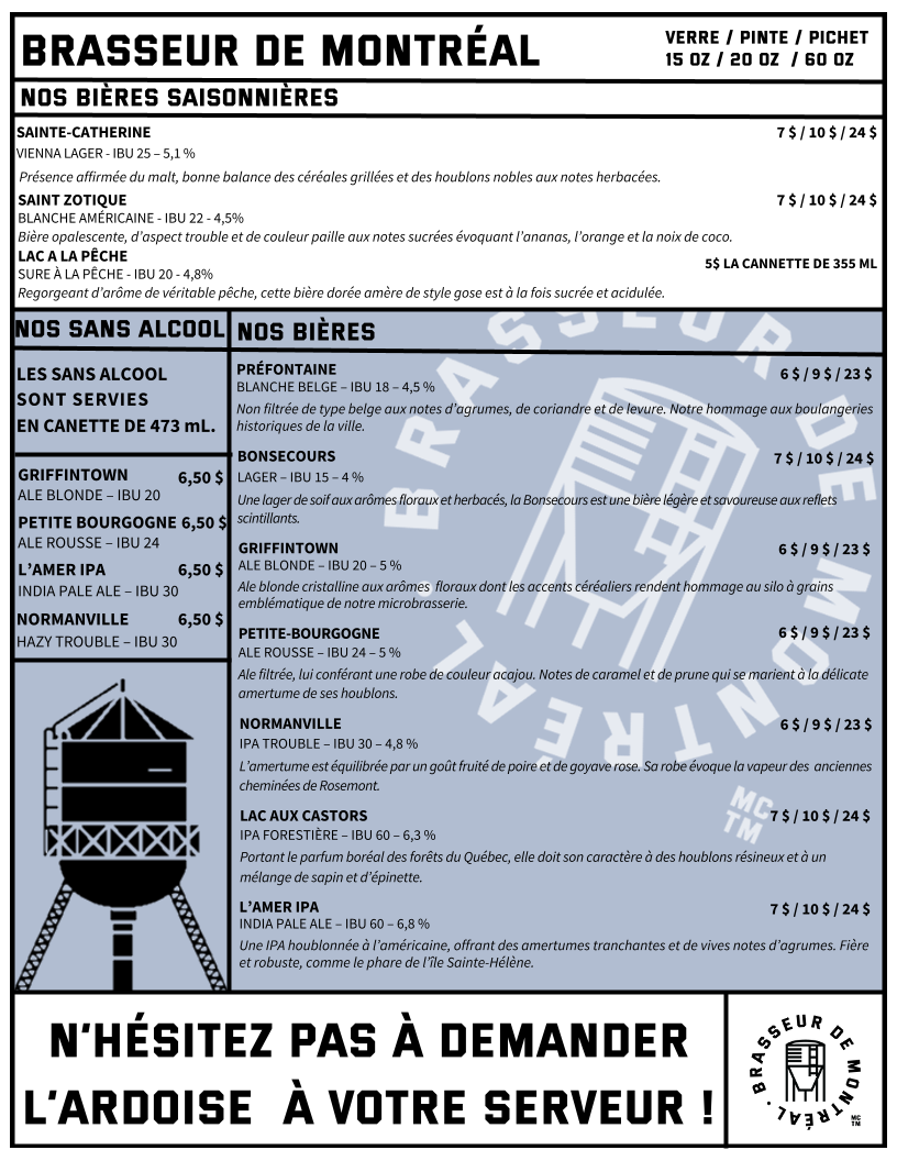 Menu, Brasseur de Montréal