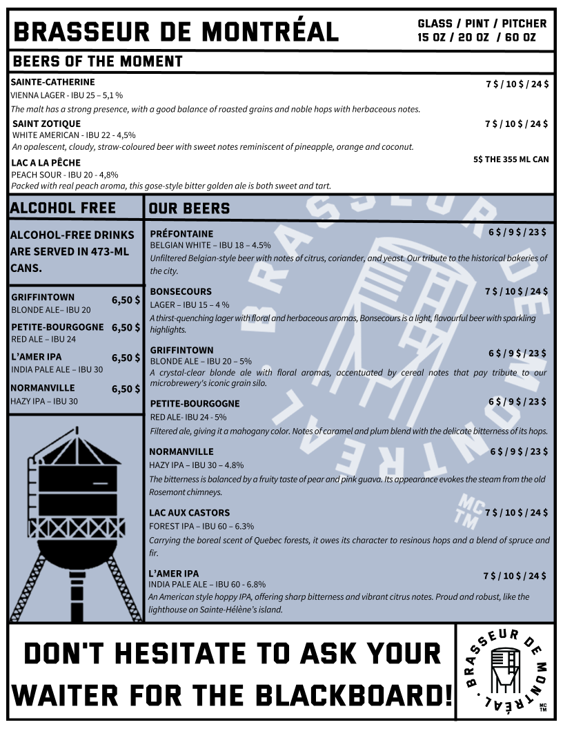 Menu, Brasseur de Montréal
