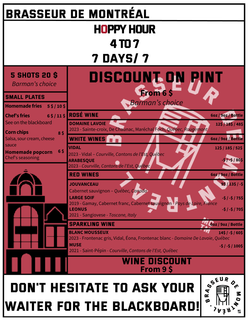 Menu, Brasseur de Montréal